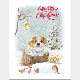 English Bulldog Puppy Merry Christmas Santa Dog Posters and Art